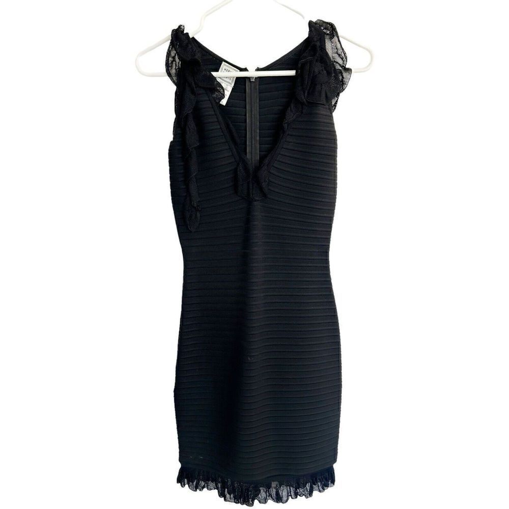 Herve Leger V Neck Bandage Dress Lace Trim Sleeves Solid Black LBD Sz XS FRANCE